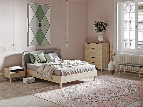 Розовая кровать Lagom Side Wood - Оригинальная кровать без встроенного основания из массива сосны с мягкими элементами.
