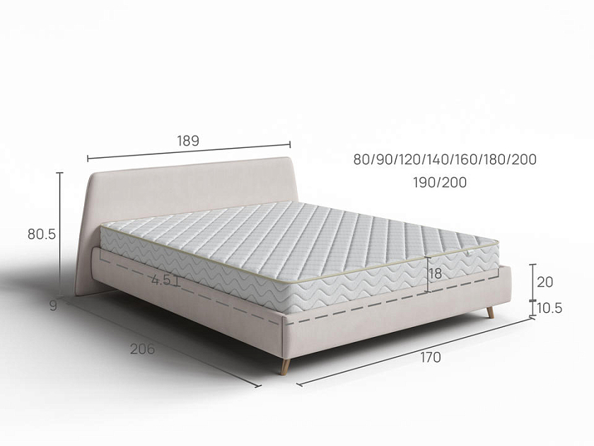 Кровать Binni 140x200 Ткань: Велюр Teddy Снежный - Кровать в стиле современного минимализма.