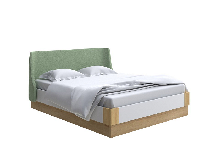 Кровать Lagom Side Chips с подъемным механизмом 140x190 ЛДСП+ткань Лама Авокадо/ЛДСП Белый Жемчуг/Масло-воск Natura (Береза) - Кровать со встроенным ПМ механизмом. 